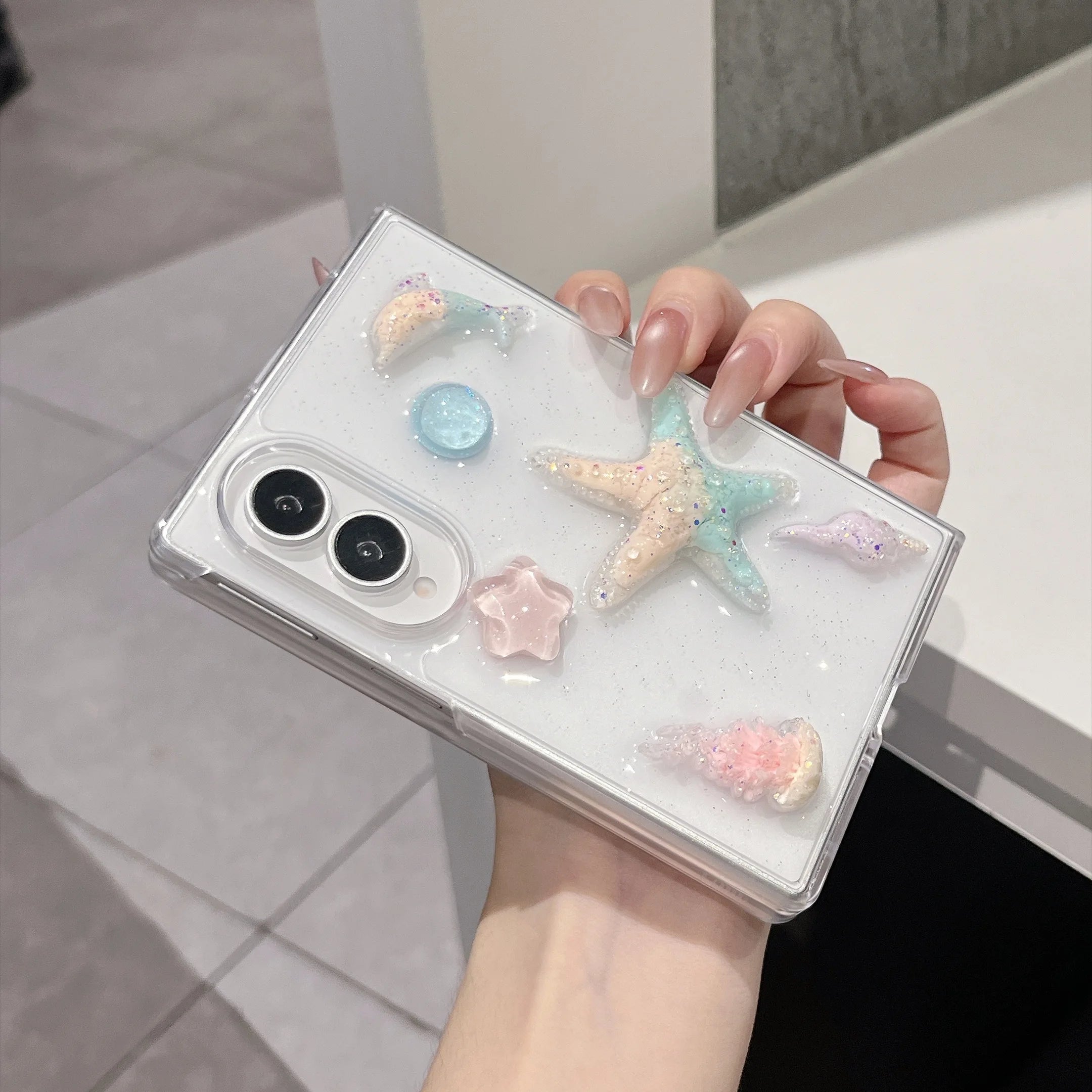  3D Starfish Glitter Clear  Phone Case for Samsung Galaxy Z Fold 8 Protection Cover﻿﻿﻿﻿﻿﻿