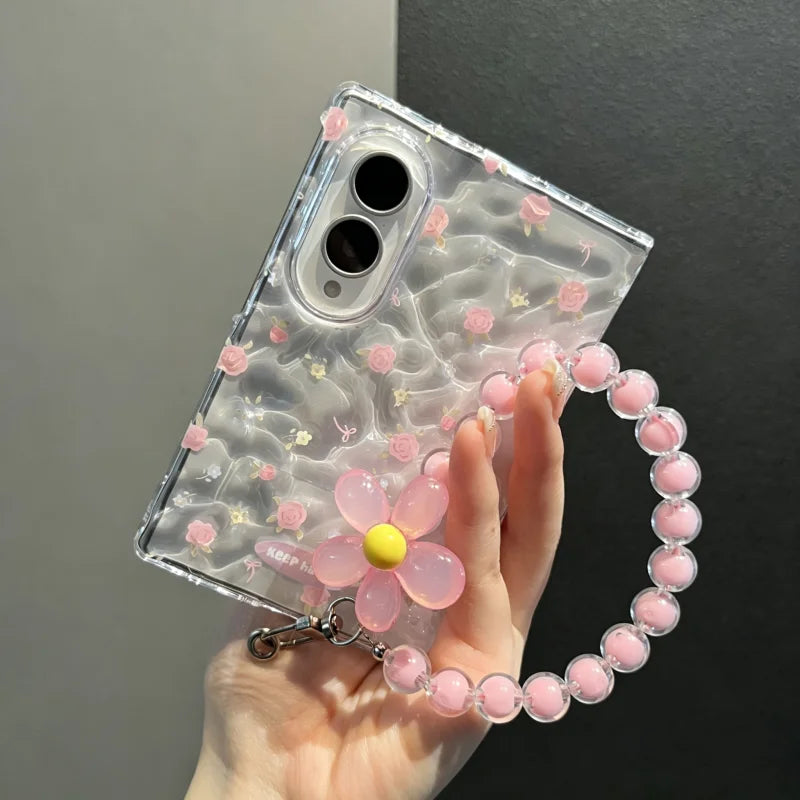 Cute Pink Floral Clear Phone Case with Flower Beaded Chain for Samsung Galaxy Z Fold