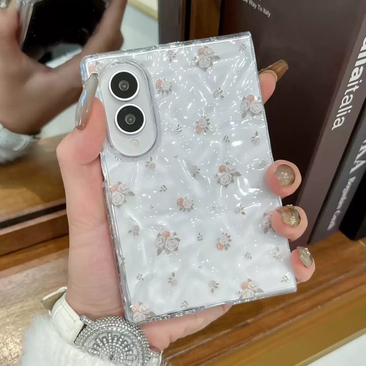 Cute Pink Floral Clear Phone Case with Flower Beaded Chain for Samsung Galaxy Z Fold