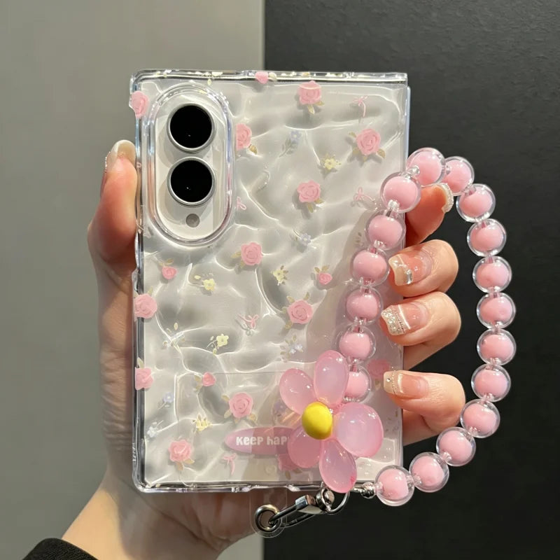 Cute Pink Floral Clear Phone Case with Flower Beaded Chain for Samsung Galaxy Z Fold