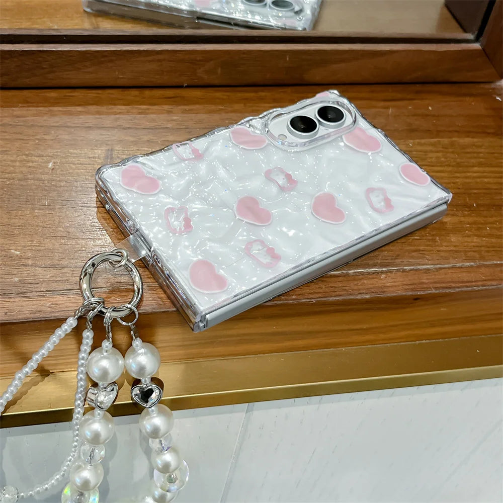 Cute Pink Heart Wavy Glitter Phone Case For Samsung Galaxy Z Fold