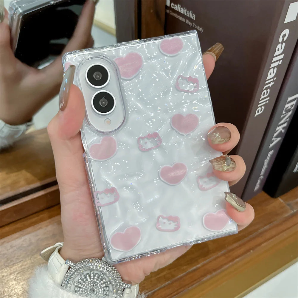 Cute Pink Heart Wavy Glitter Phone Case For Samsung Galaxy Z Fold