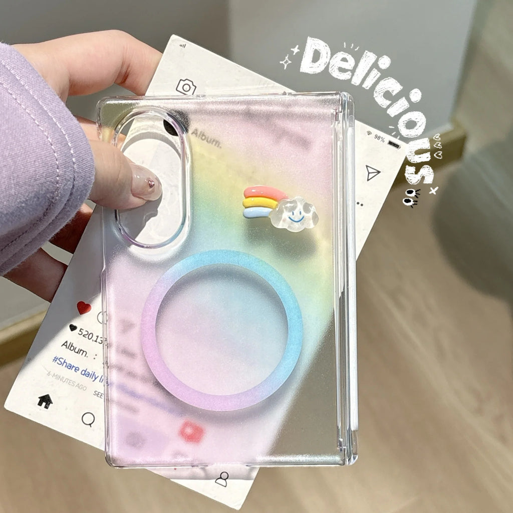 Translucent Rainbow Magnetic Phone Case With Cloud Bracket for Samsung Galaxy