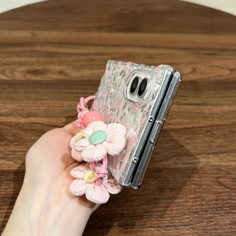 Pink Floral Clear Phone Case with Flower Strap for Samsung Galaxy Z Fold 8