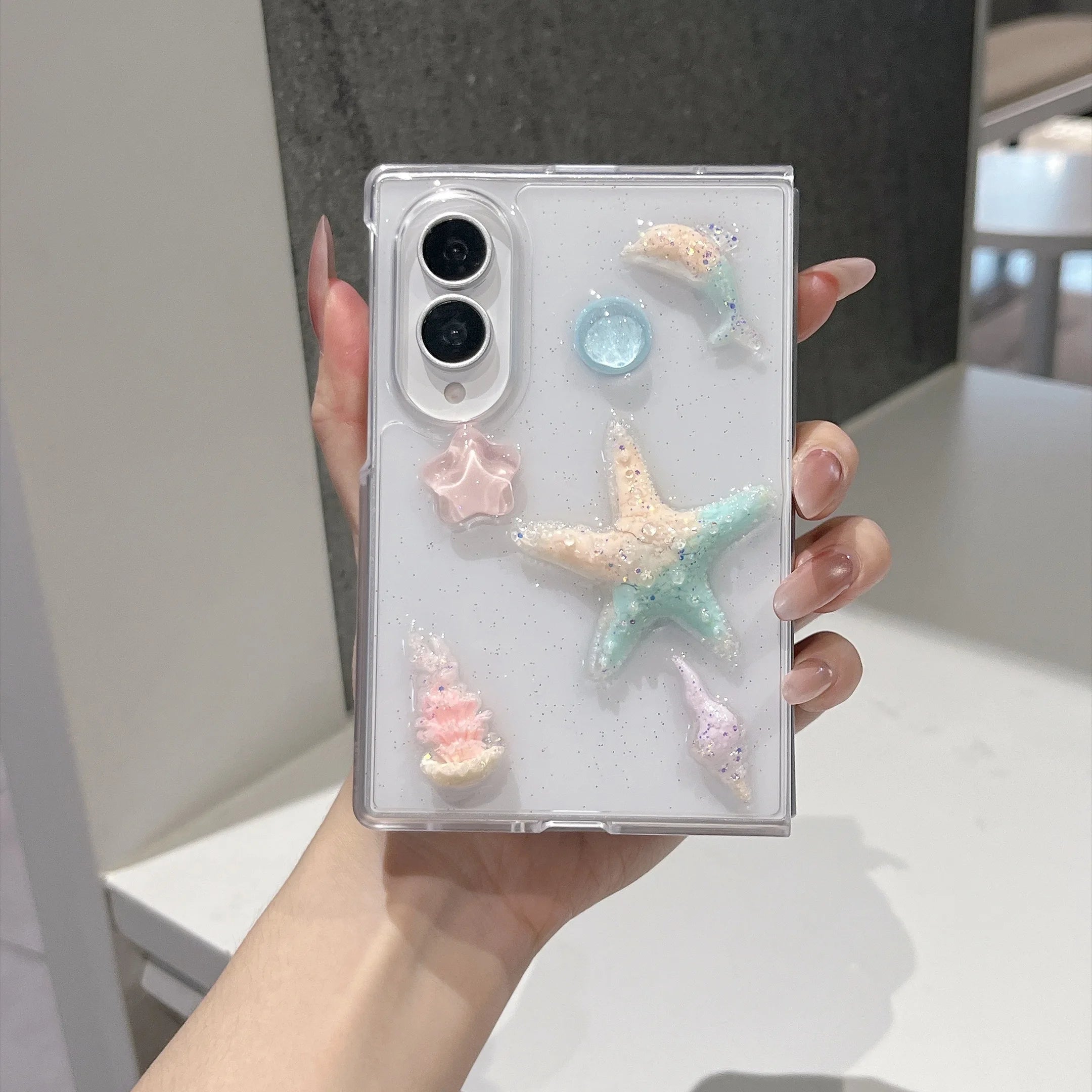  3D Starfish Glitter Clear  Phone Case for Samsung Galaxy Z Fold 8 Protection Cover﻿﻿﻿﻿﻿﻿