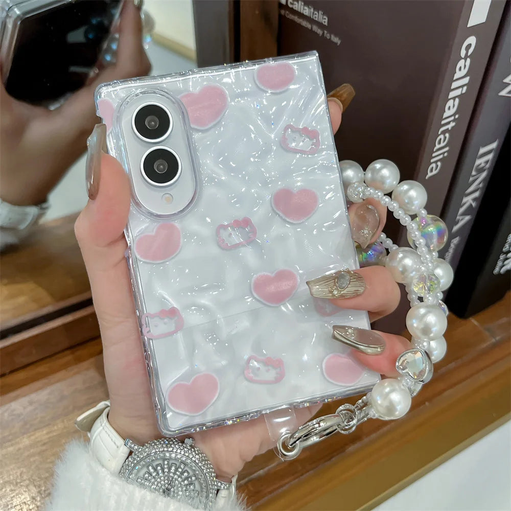 Cute Pink Heart Wavy Glitter Phone Case For Samsung Galaxy Z Fold