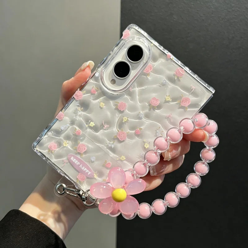 Cute Pink Floral Clear Phone Case with Flower Beaded Chain for Samsung Galaxy Z Fold
