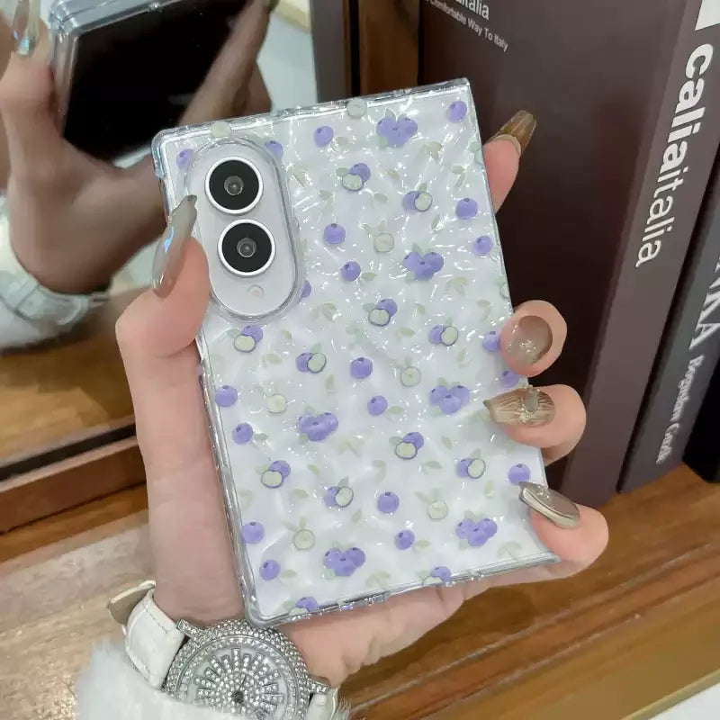 Cute Pink Floral Clear Phone Case with Flower Beaded Chain for Samsung Galaxy Z Fold
