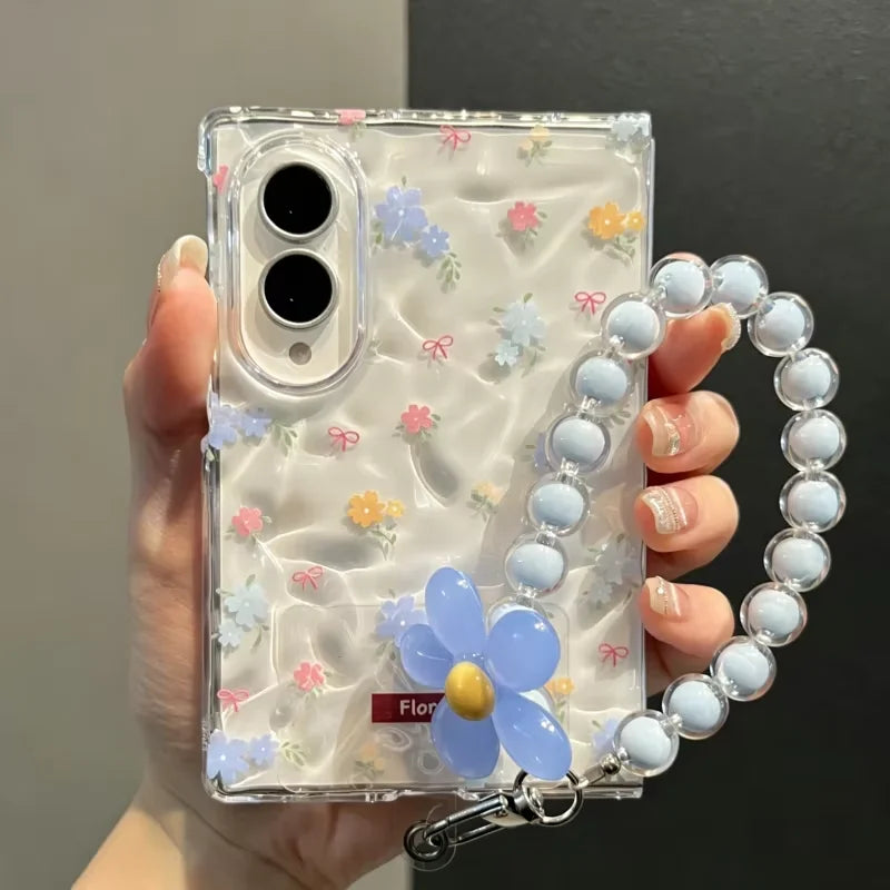 Cute Pink Floral Clear Phone Case with Flower Beaded Chain for Samsung Galaxy Z Fold