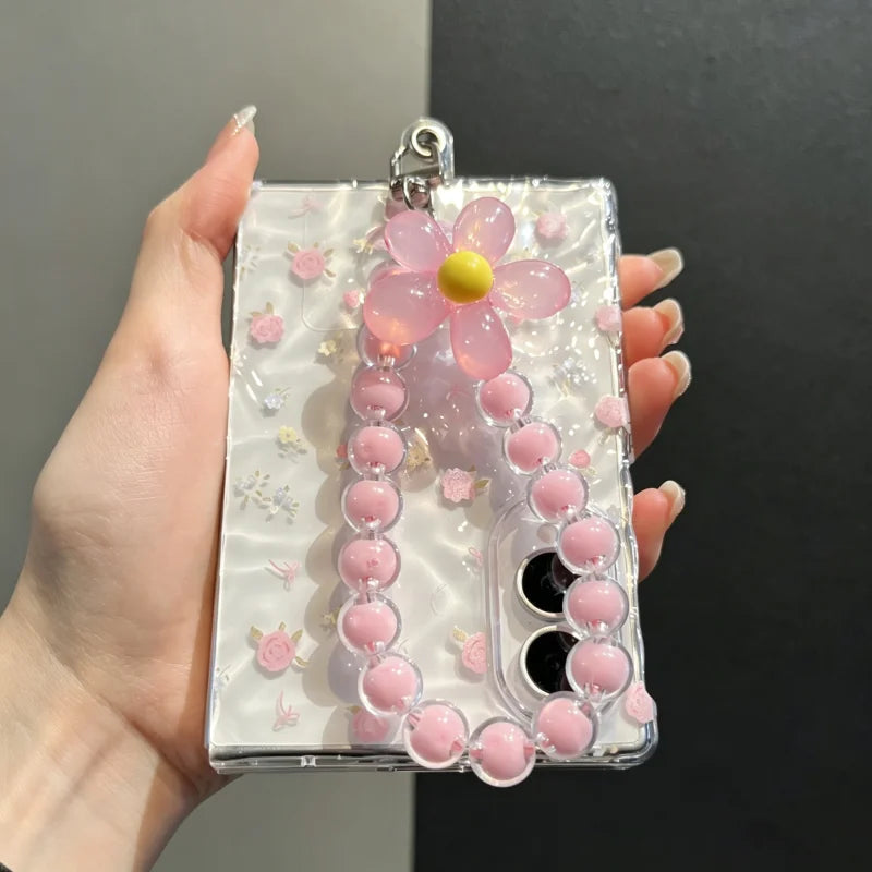 Cute Pink Floral Clear Phone Case with Flower Beaded Chain for Samsung Galaxy Z Fold