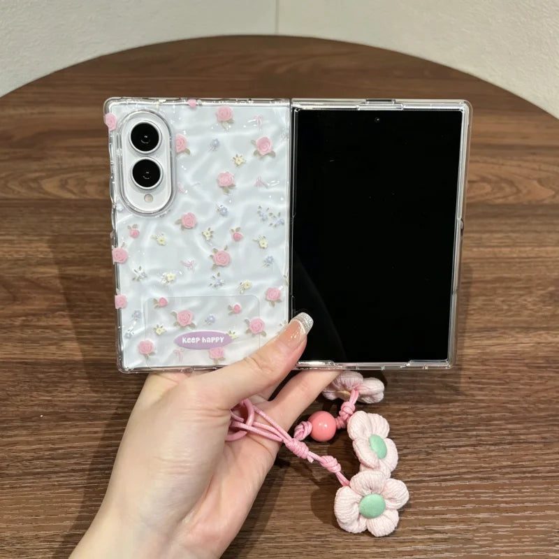 Pink Floral Clear Phone Case with Flower Strap for Samsung Galaxy Z Fold 8