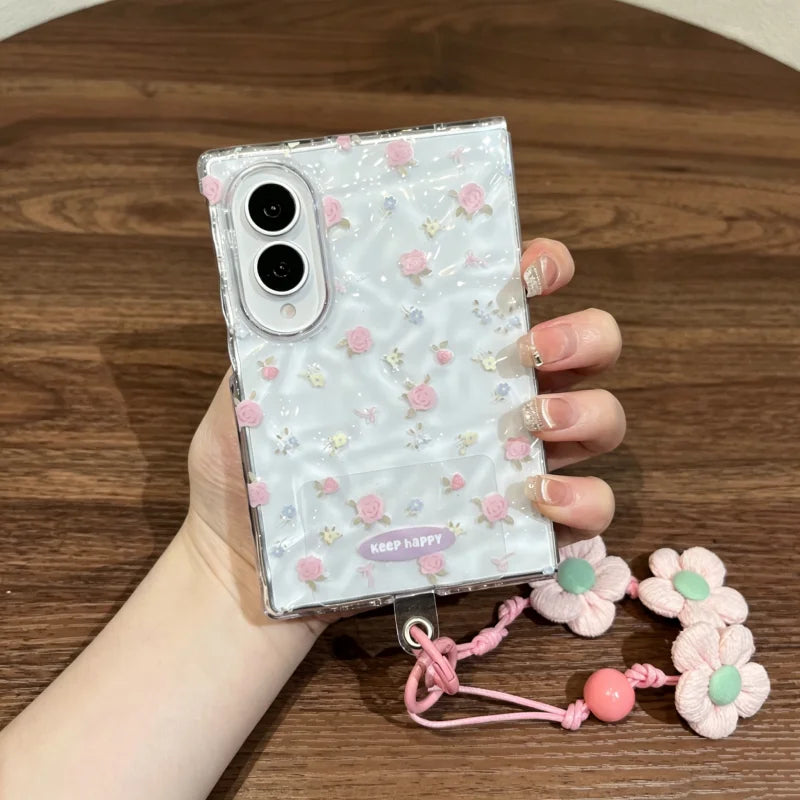 Pink Floral Clear Phone Case with Flower Strap for Samsung Galaxy Z Fold 8