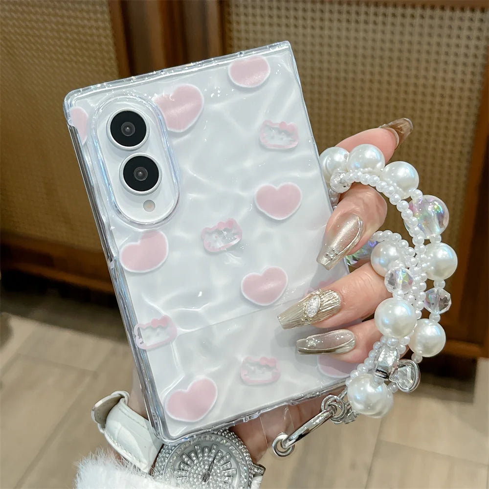Cute Pink Heart Wavy Glitter Phone Case For Samsung Galaxy Z Fold
