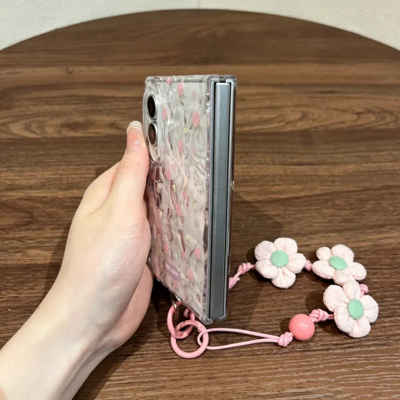 Pink Floral Clear Phone Case with Flower Strap for Samsung Galaxy Z Fold 8