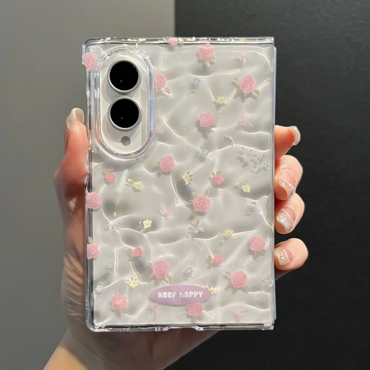 Cute Pink Floral Clear Phone Case with Flower Beaded Chain for Samsung Galaxy Z Fold