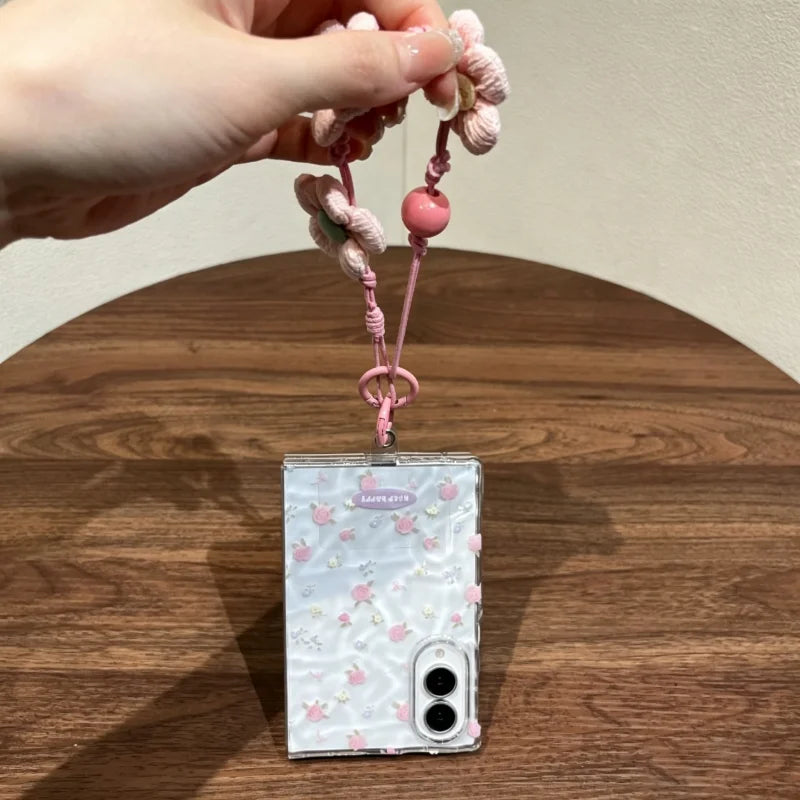 Pink Floral Clear Phone Case with Flower Strap for Samsung Galaxy Z Fold 8