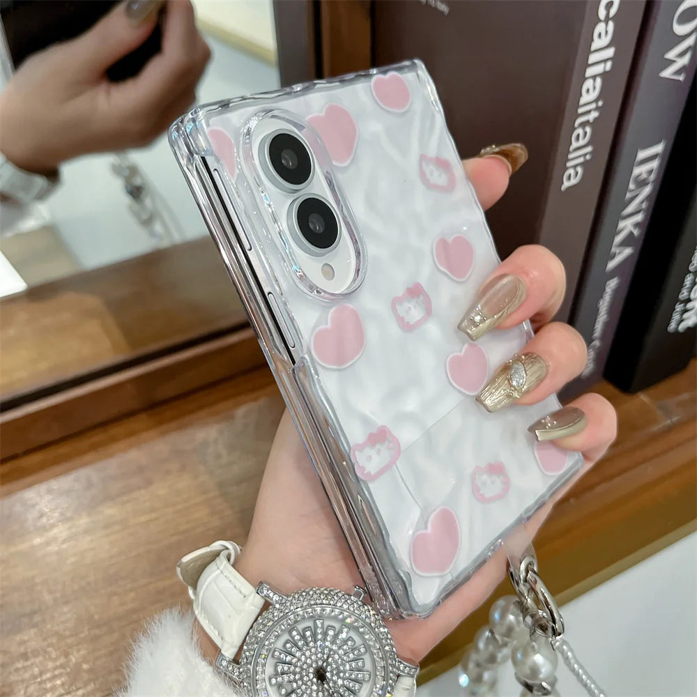Cute Pink Heart Wavy Glitter Phone Case For Samsung Galaxy Z Fold