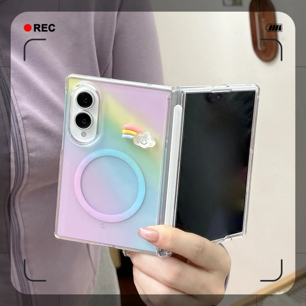 Translucent Rainbow Magnetic Phone Case With Cloud Bracket for Samsung Galaxy
