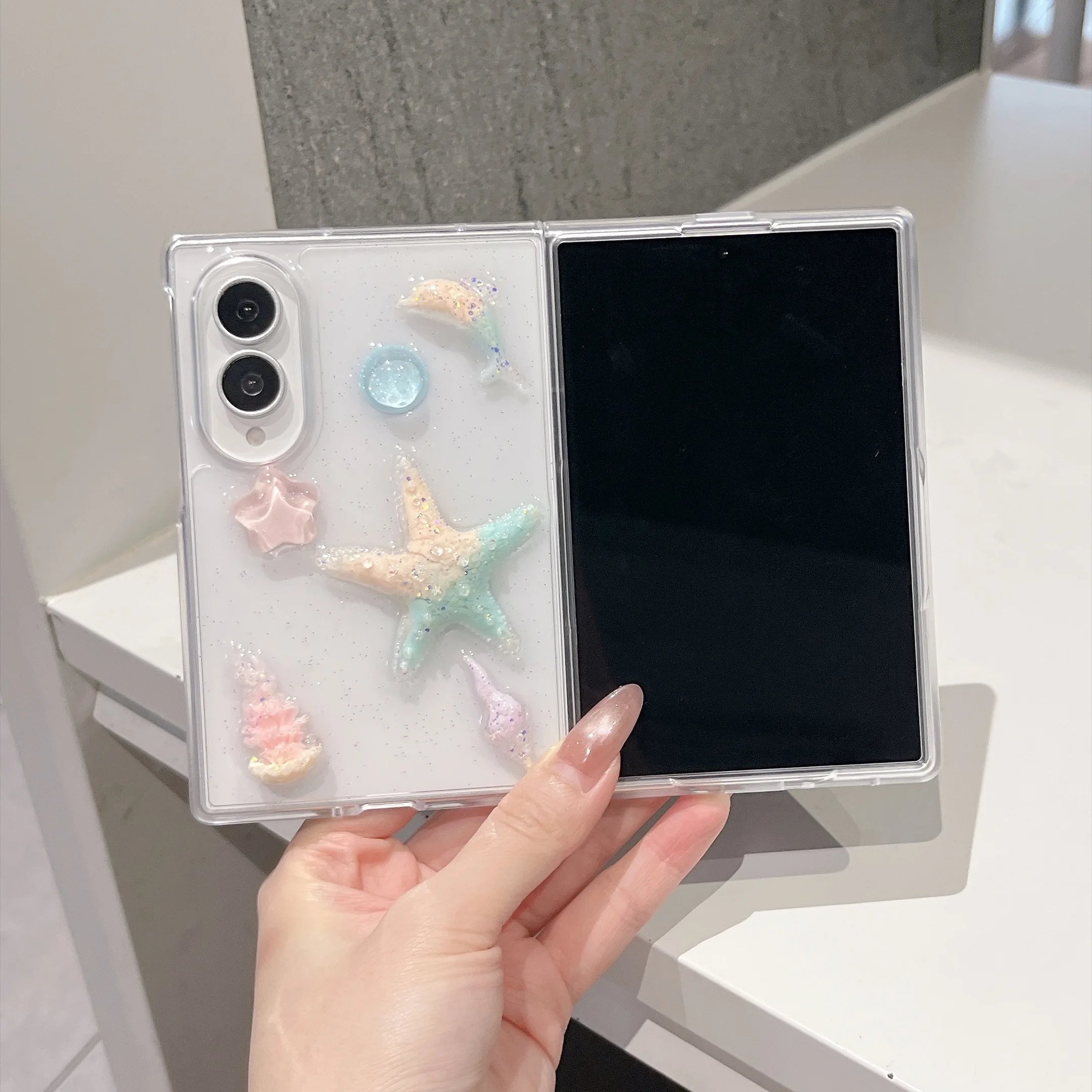  3D Starfish Glitter Clear  Phone Case for Samsung Galaxy Z Fold 8 Protection Cover﻿﻿﻿﻿﻿﻿