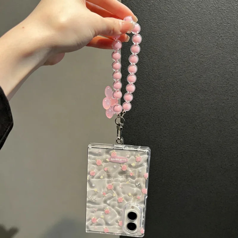 Cute Pink Floral Clear Phone Case with Flower Beaded Chain for Samsung Galaxy Z Fold