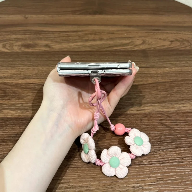 Pink Floral Clear Phone Case with Flower Strap for Samsung Galaxy Z Fold 8
