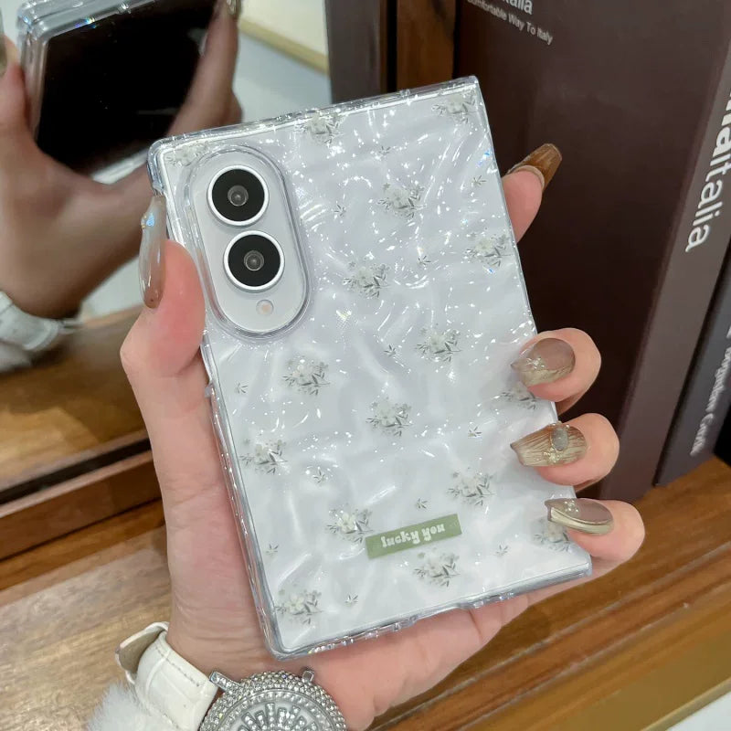 Cute Pink Floral Clear Phone Case with Flower Beaded Chain for Samsung Galaxy Z Fold