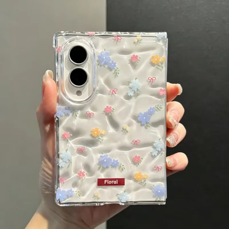 Cute Pink Floral Clear Phone Case with Flower Beaded Chain for Samsung Galaxy Z Fold