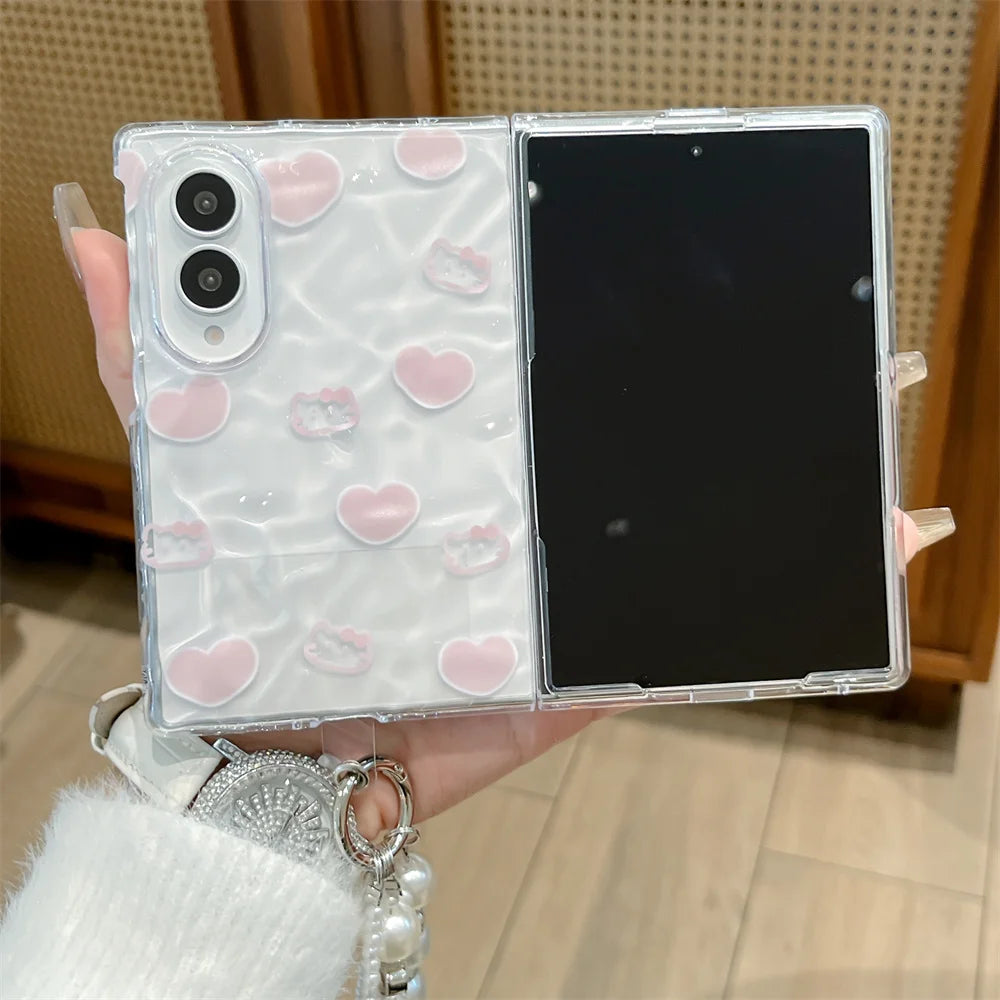 Cute Pink Heart Wavy Glitter Phone Case For Samsung Galaxy Z Fold